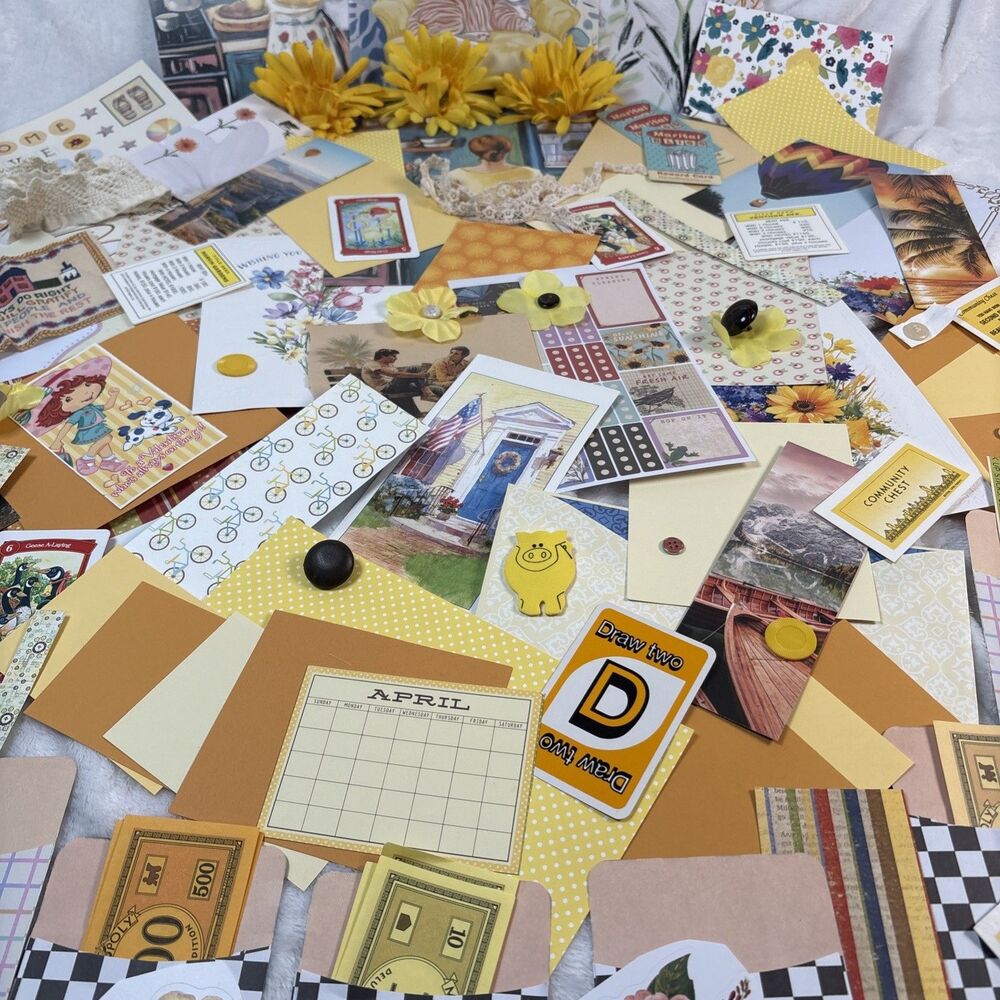 130+ Piece Junk Journal Scrapbook Supply Set Yellow Theme Mixed Media Ephemera